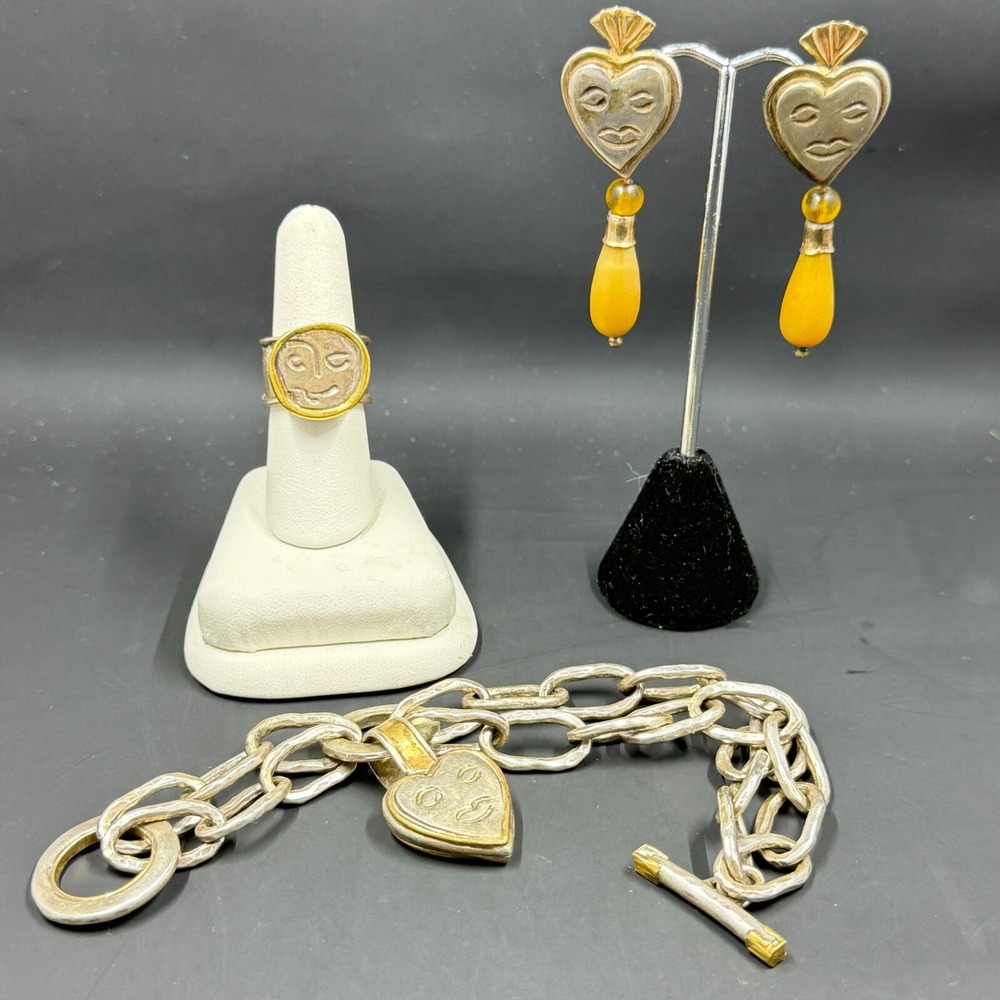 Signed Modernist Heart Face Jewelry Set Sterling 22K 14K Earrings Ring Bracelet